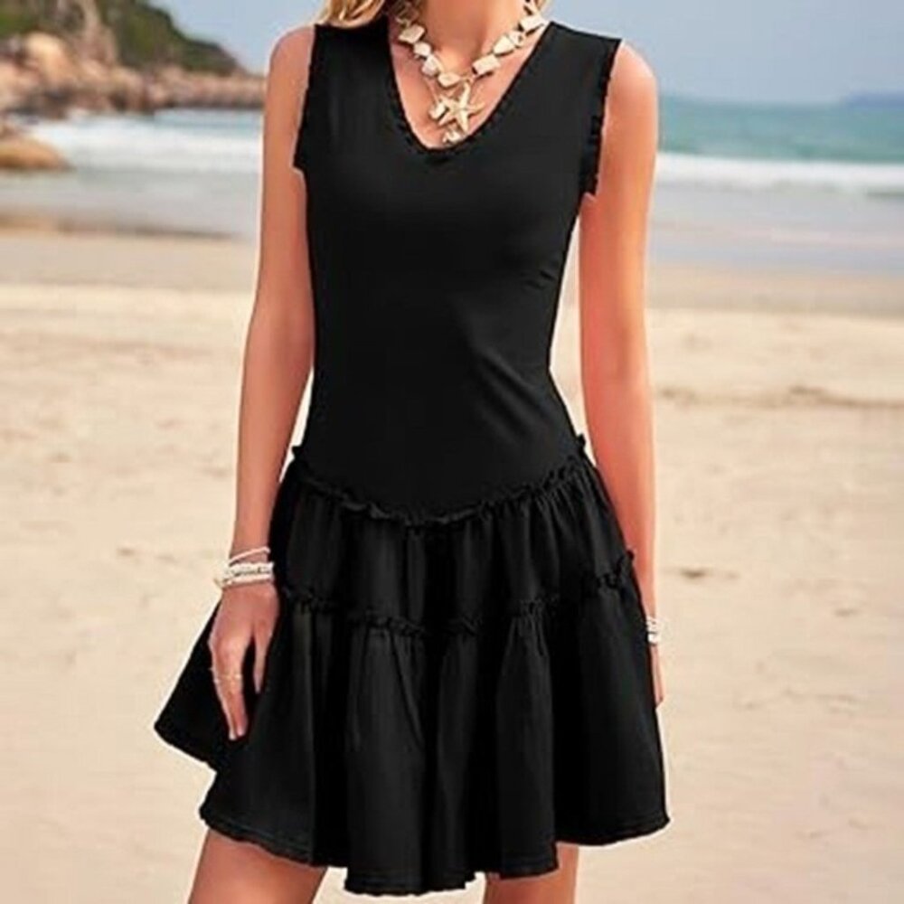Luxveer Summer Mini Dress Ruffle Flowy Sleeveless A Line Sundress Black Large